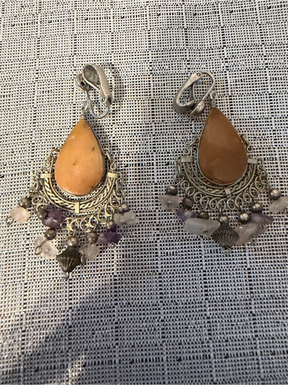 Vintage Clip On Silver-Tone Teardrop Dangle Earrings with Peach Stone Accents